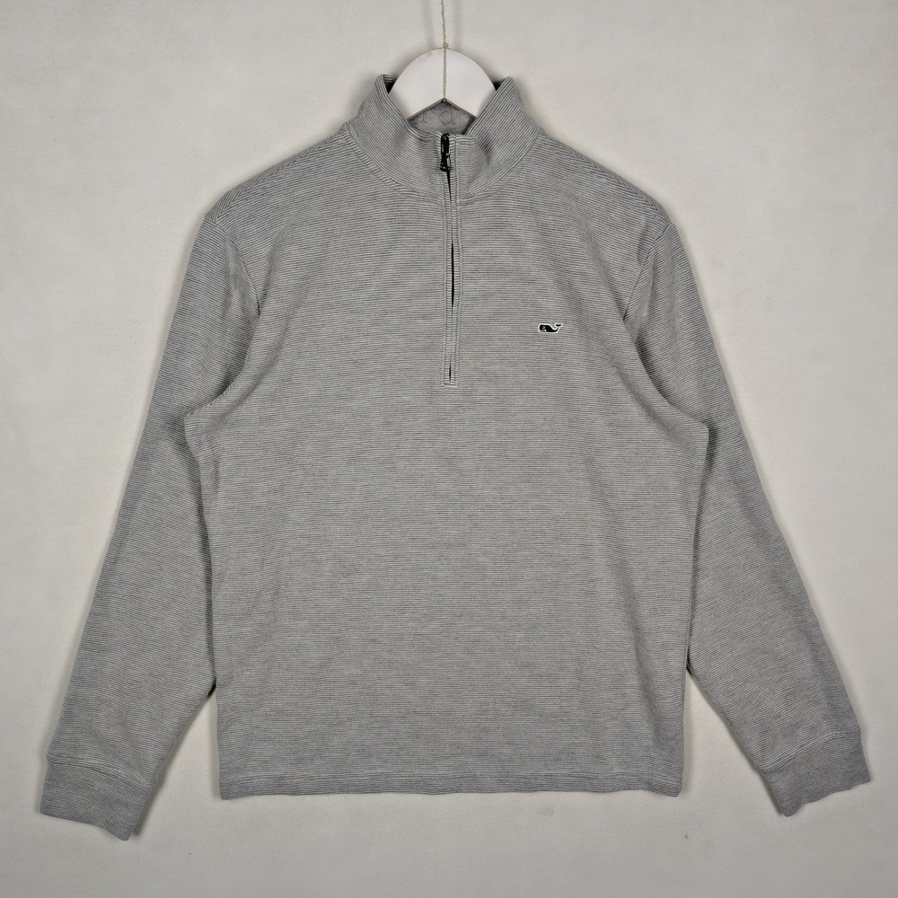 Vineyard Vines Mens Small Grey Striped Quarter Zip Pullover Sweater Logo S